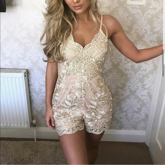 Metallic Lace Cutout Scalloped Romper - Picture 7 of 7